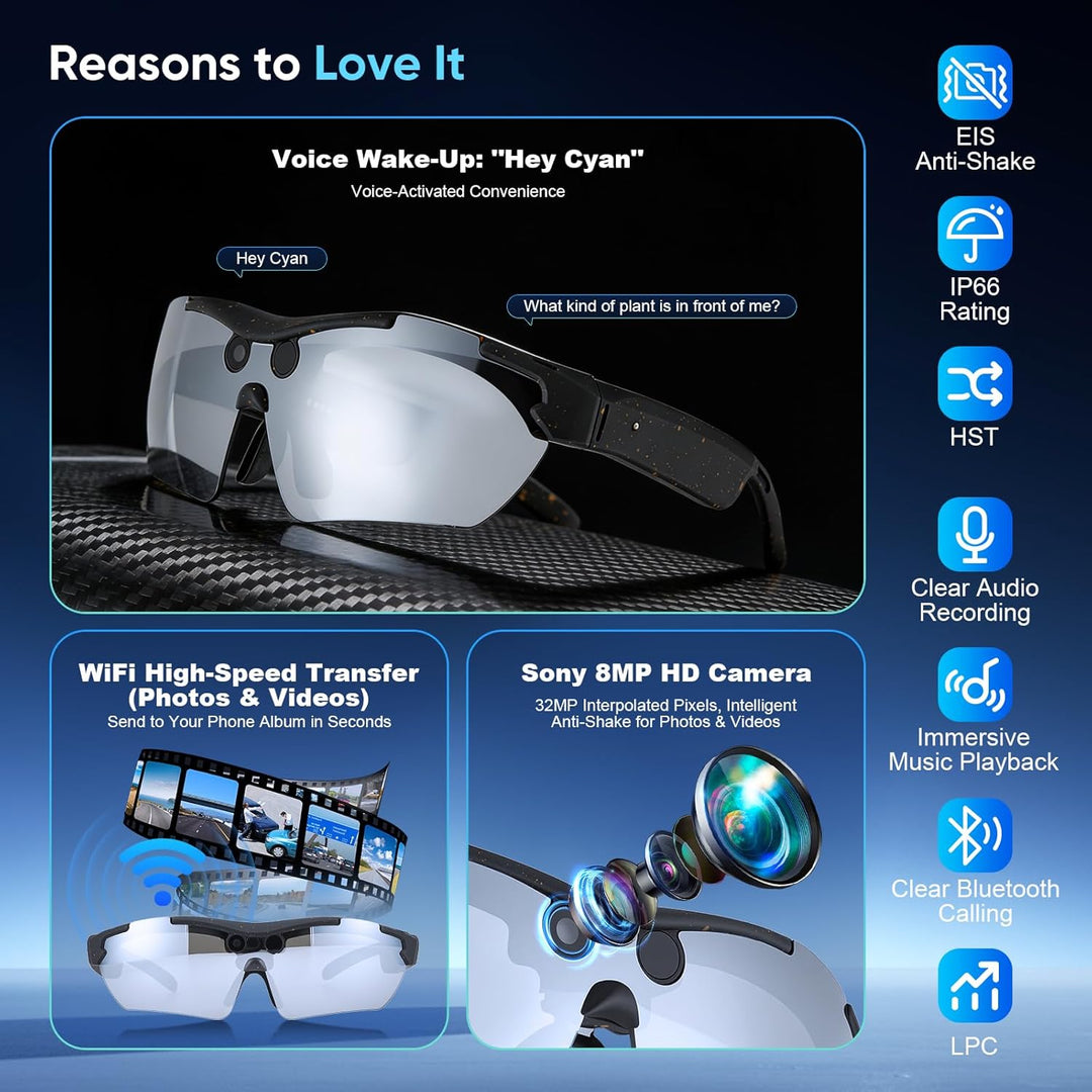 AI Smart Glasses with Camera,Sportbrille mit Kamera, Mini Action Kamera,1080P HD Kleine Videokamera