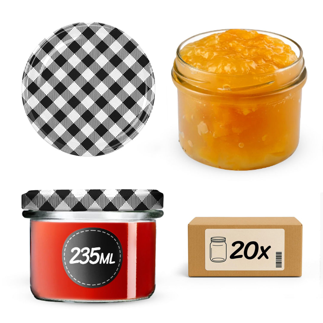 KADAX 20er Set Marmeladengläser 235ml TO82 Schwarz kariert, Einmachgläser Vorratsgläser Mason Jar mi
