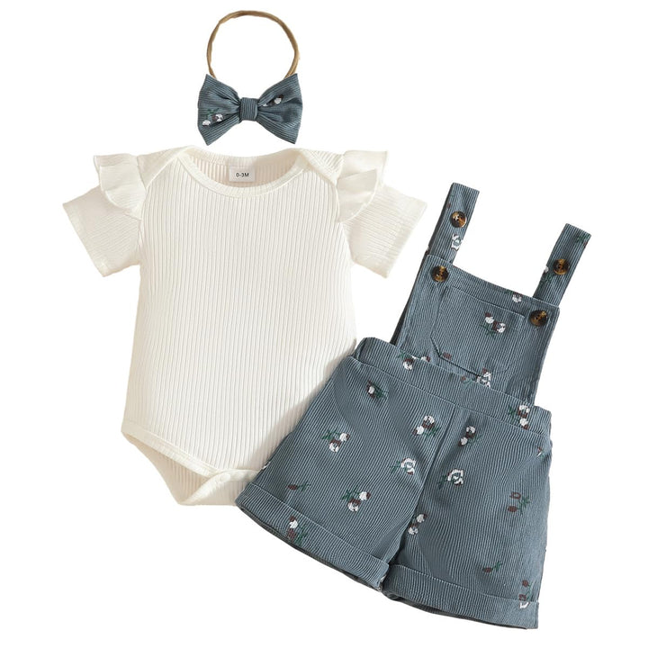 Kleinkind Baby Mädchen Sommerkleidung Rippstrick-Tops Trägerhosen mit Blumenmuster und Stirnband 18-