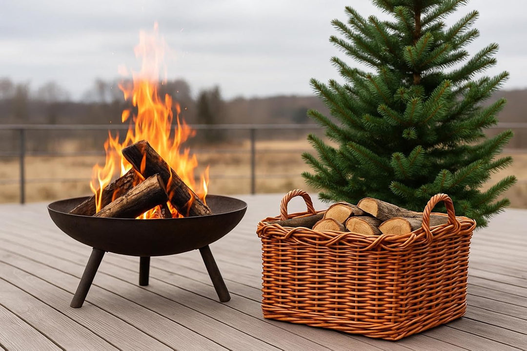 Holztrage Holzkorb für Kaminholz - Rattan Lacak mit abnehmbarem Leinenstoff Braun, Braun