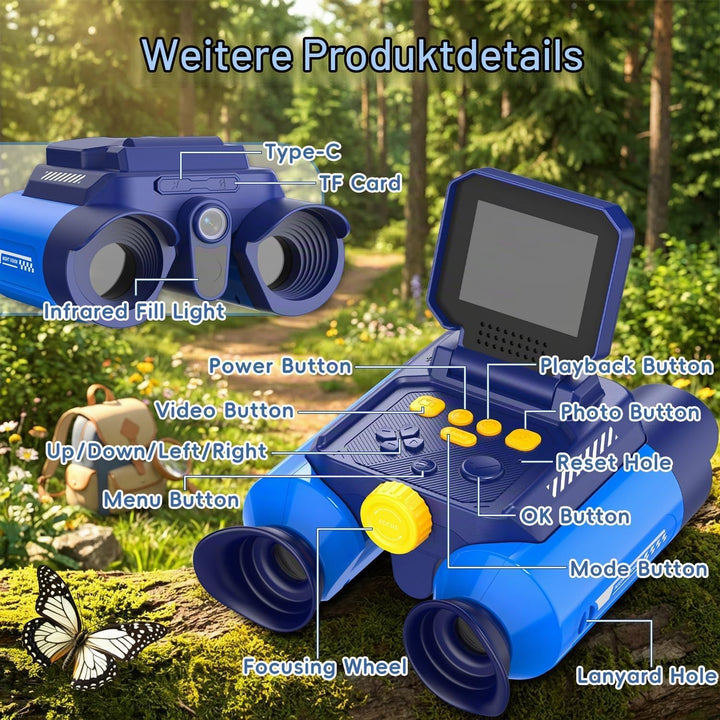 Kinder Fernglas 10x Zoom mit Kamera &amp; Nachtsicht – Blau | 25mm Okular, 2,4" Display, 48MP Fotos, 108