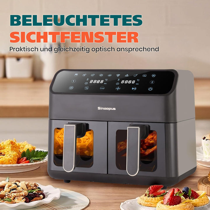 Heissluftfritteuse 9L XXL Profi • 2000W Dual-Zonen Technologie • 10-in-1 Automatikprogramme • 2x Ink
