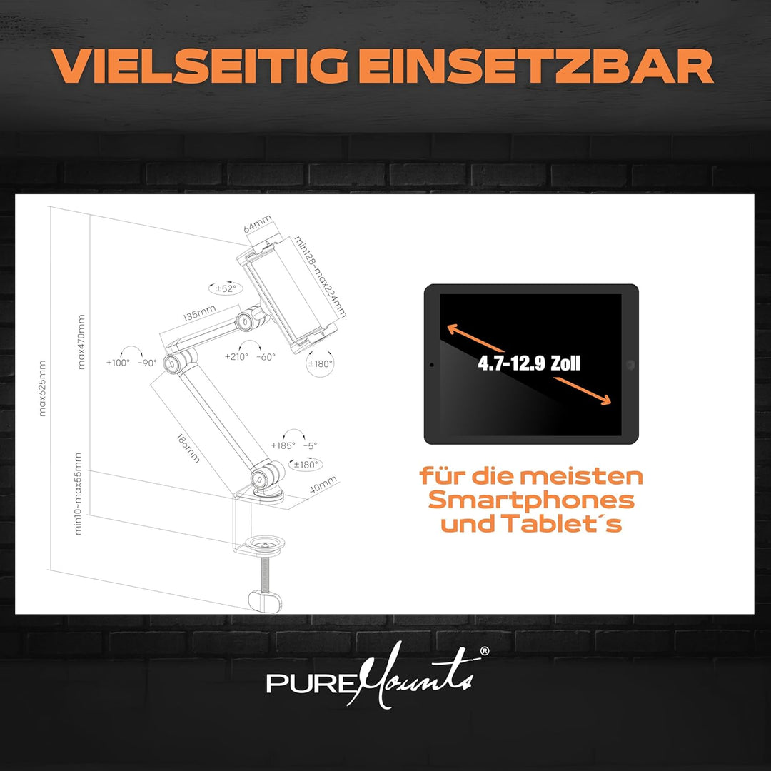 PureMounts® Tablet Tisch-Halterung, 4.7" bis 12.9" Tablets, 360° drehbar, bis zu 1kg Tragkraft, Sili