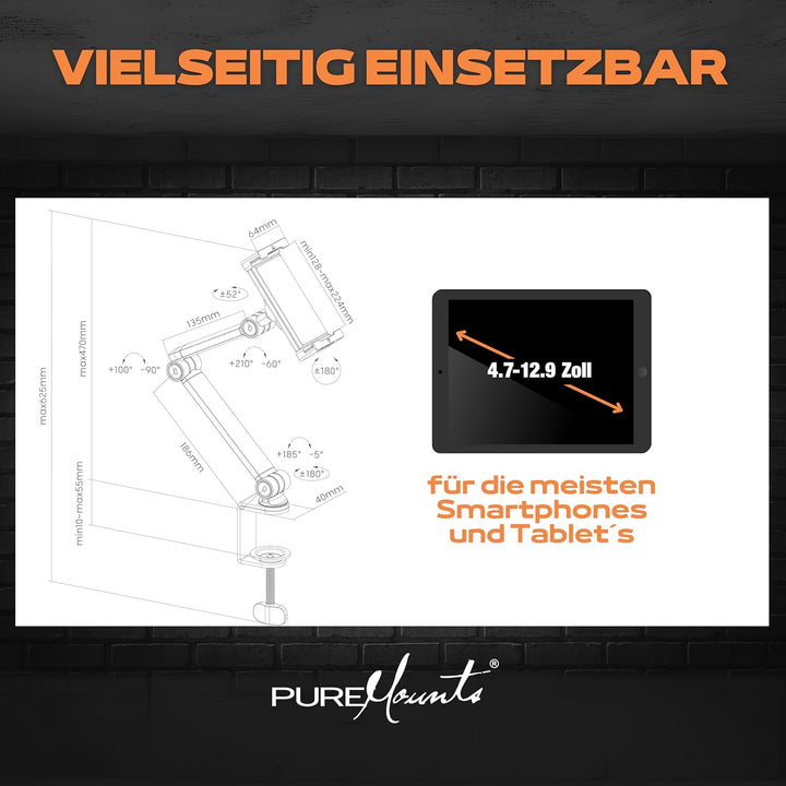 PureMounts® Tablet Tisch-Halterung, 4.7" bis 12.9" Tablets, 360° drehbar, bis zu 1kg Tragkraft, Sili