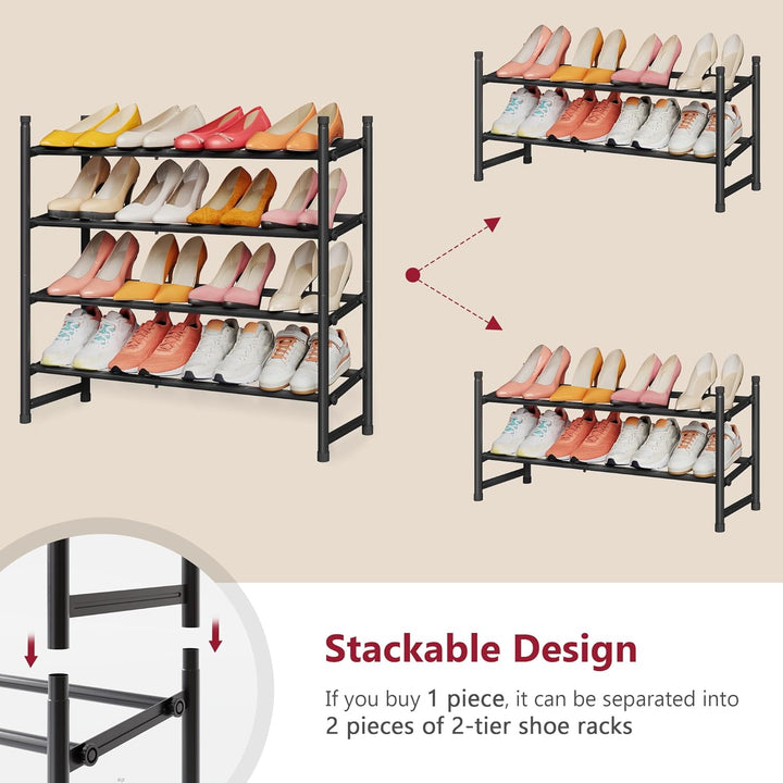 Tajsoon Schuhregal 4 Ebenen, 74–104 cm verstellbar & stapelbar, für Eingang, Kleiderschrank, Garage,
