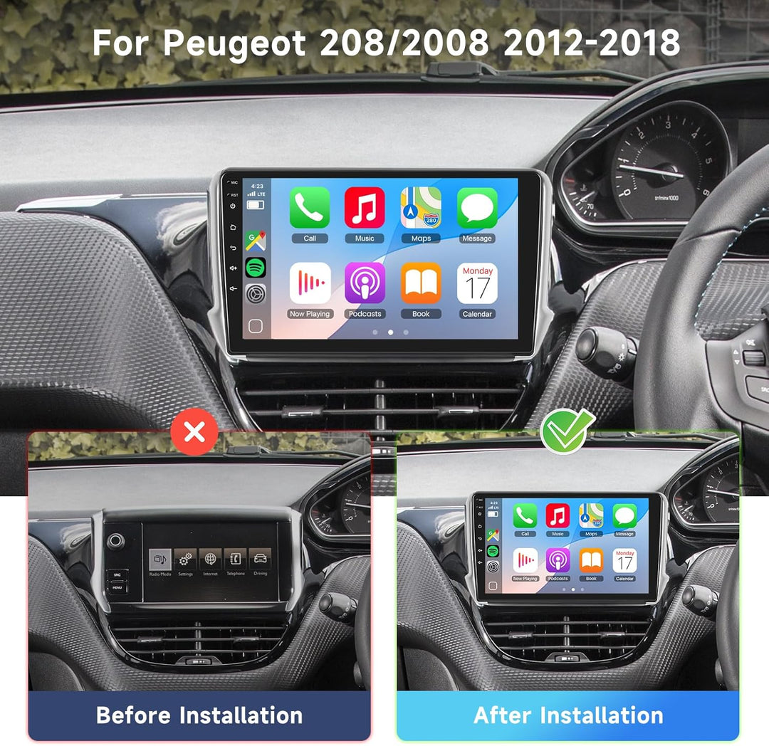Podofo Autoradio für Peugeot 208/2008 2012-2018 mit Wireless Carplay Android Auto, 10.1 Zoll IPS Tou