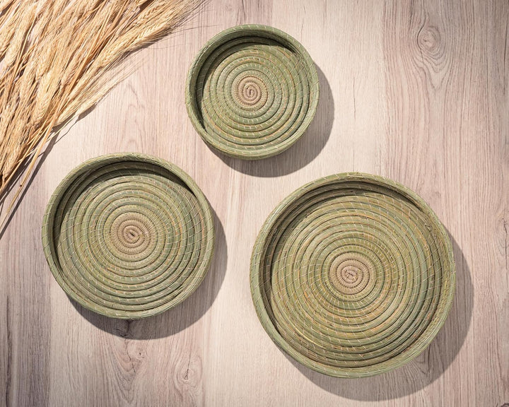 Darido Set von 3 Rund Halfa Trays Handmade - 30x30x10 CM Natural Authentic Halfa Gras - Tray für Bad