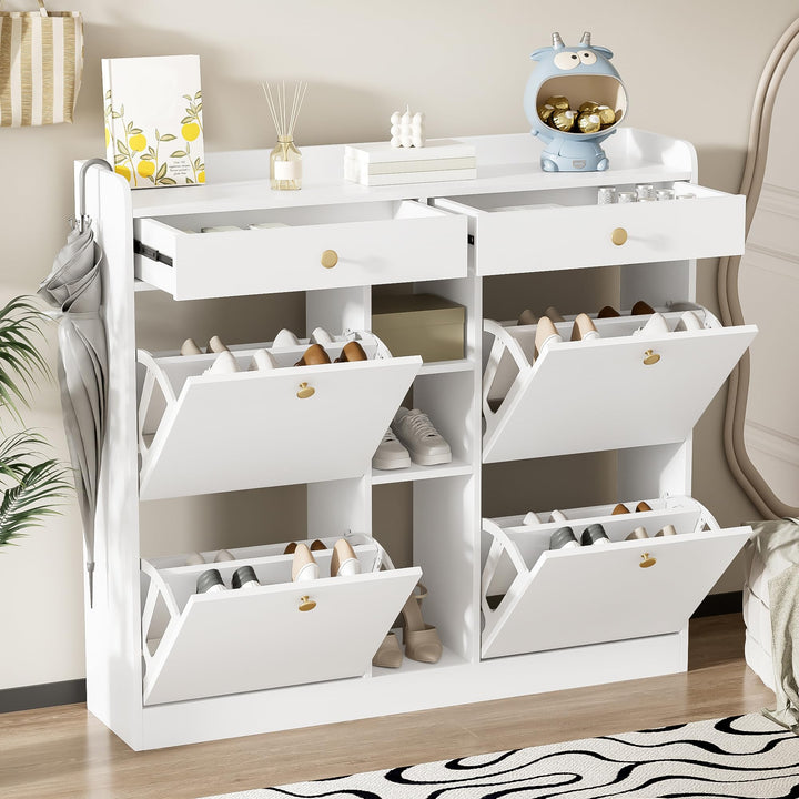Merax Schuhschrank 110x26x100 cm, mit 4 Klapptüren 2 Schubladen 3 offenen Fächern, Platzsparender Sc