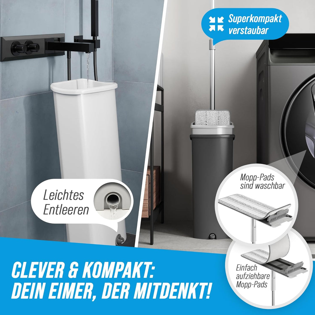 XL Wischmopp Set mit Eimer, 2-Kammer-System [Trennbarer Putzeimer], Flacher Bodenwischer, 133–166 cm