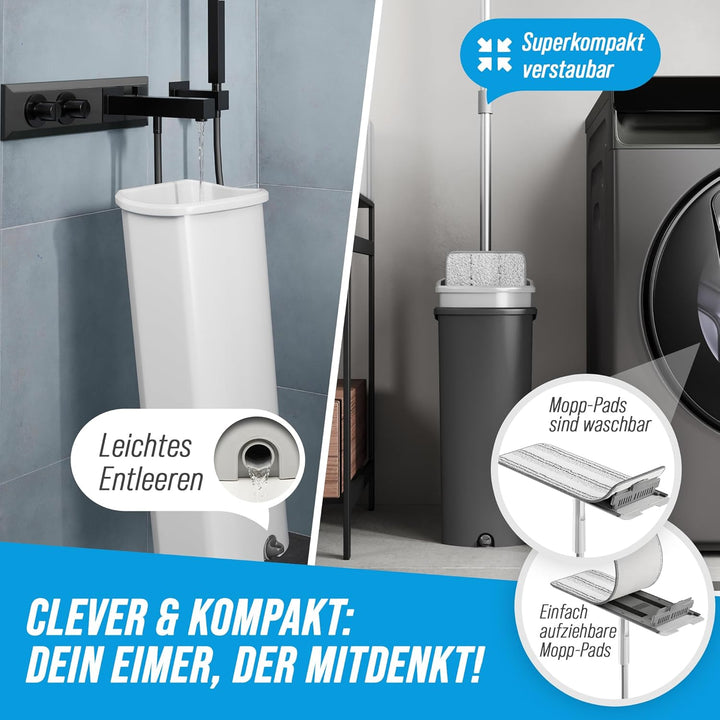 XL Wischmopp Set mit Eimer, 2-Kammer-System [Trennbarer Putzeimer], Flacher Bodenwischer, 133–166 cm