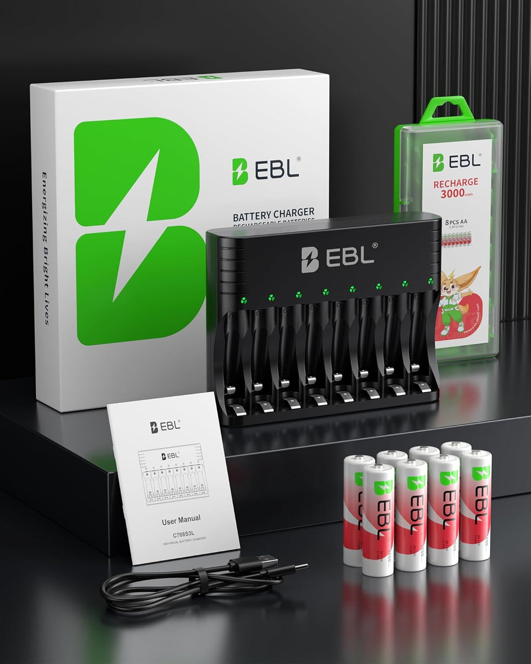 EBL Wiederaufladbar Lithium Akkus AA 8 Pack mit Ladegerät, 1.5v 3000mWh 1600 Zyklen Langlebige AA Ba