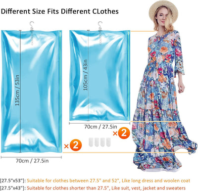 TAILI Hängende Vakuumbeutel für Kleidung, 4 Packungen (2 lange 135x70cm & 2 kurze 105x70cm), Blau Va