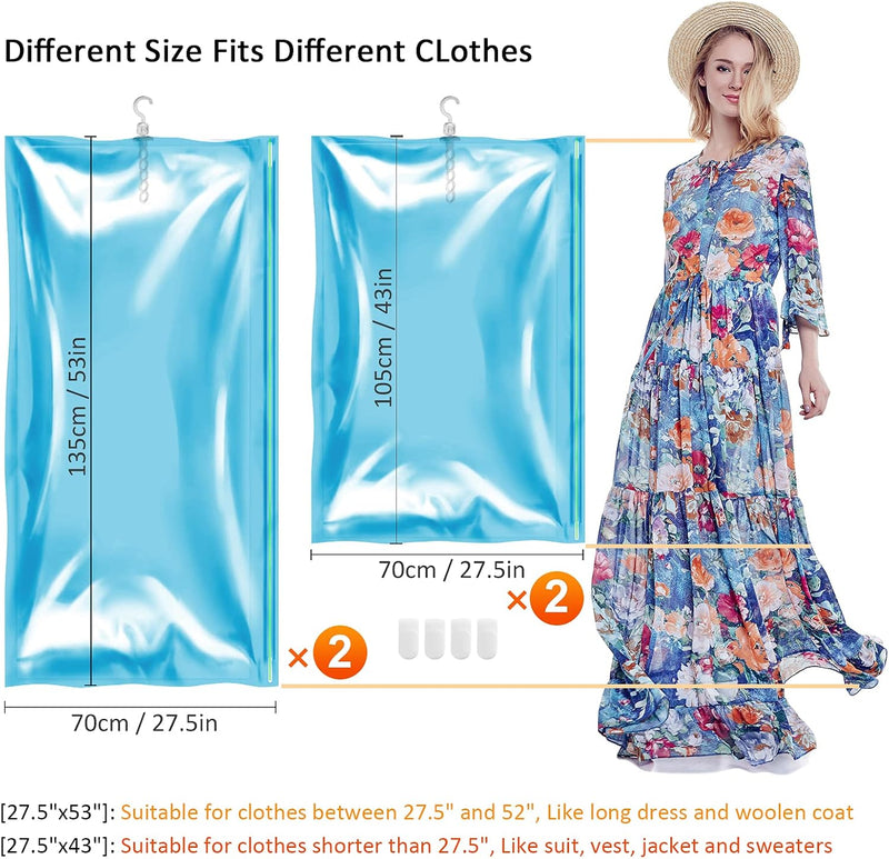 TAILI Hängende Vakuumbeutel für Kleidung, 4 Packungen (2 lange 135x70cm & 2 kurze 105x70cm), Blau Va