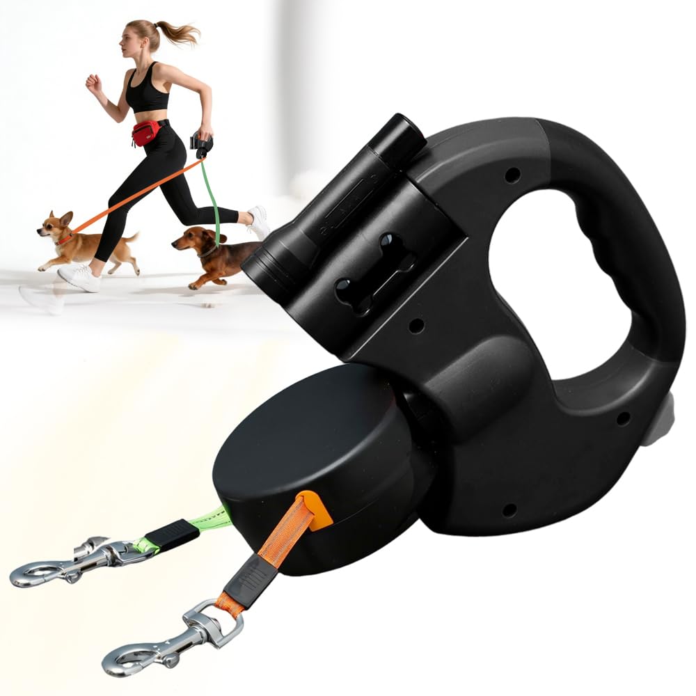 3m Hundeleine Doppelleine für 2 Hunde, Rollleine Einziehbare Hundeleine mit LED Licht, Automatische