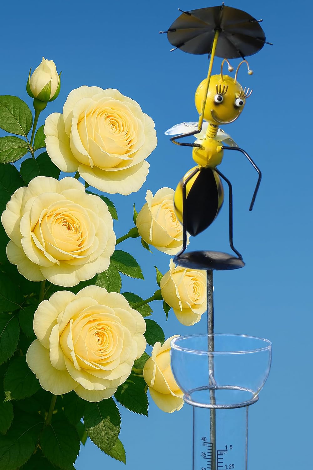 Pommerntraum ® | Regenmesser Niederschlagsmesser Pluviometer Gartenstecker Gartendeko gelbe Biene La