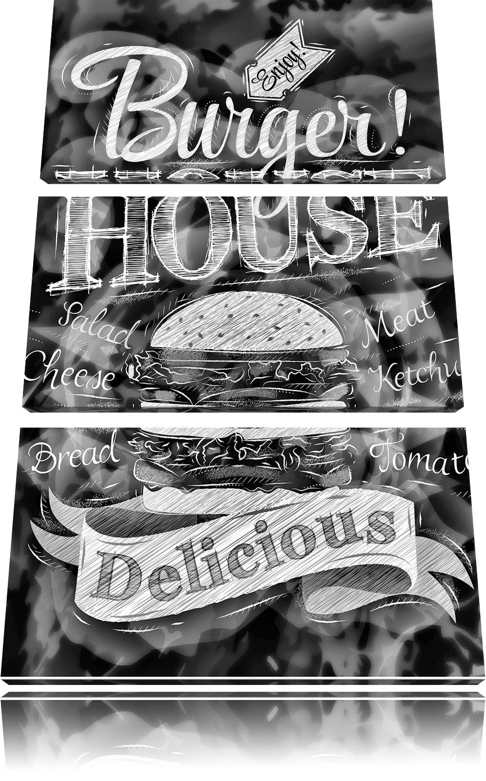 Pixxprint Burger House / 3-Teilig/Gesamtmass 120cm Leinwandbild bespannt auf Holzrahmen/Wandbild Kun