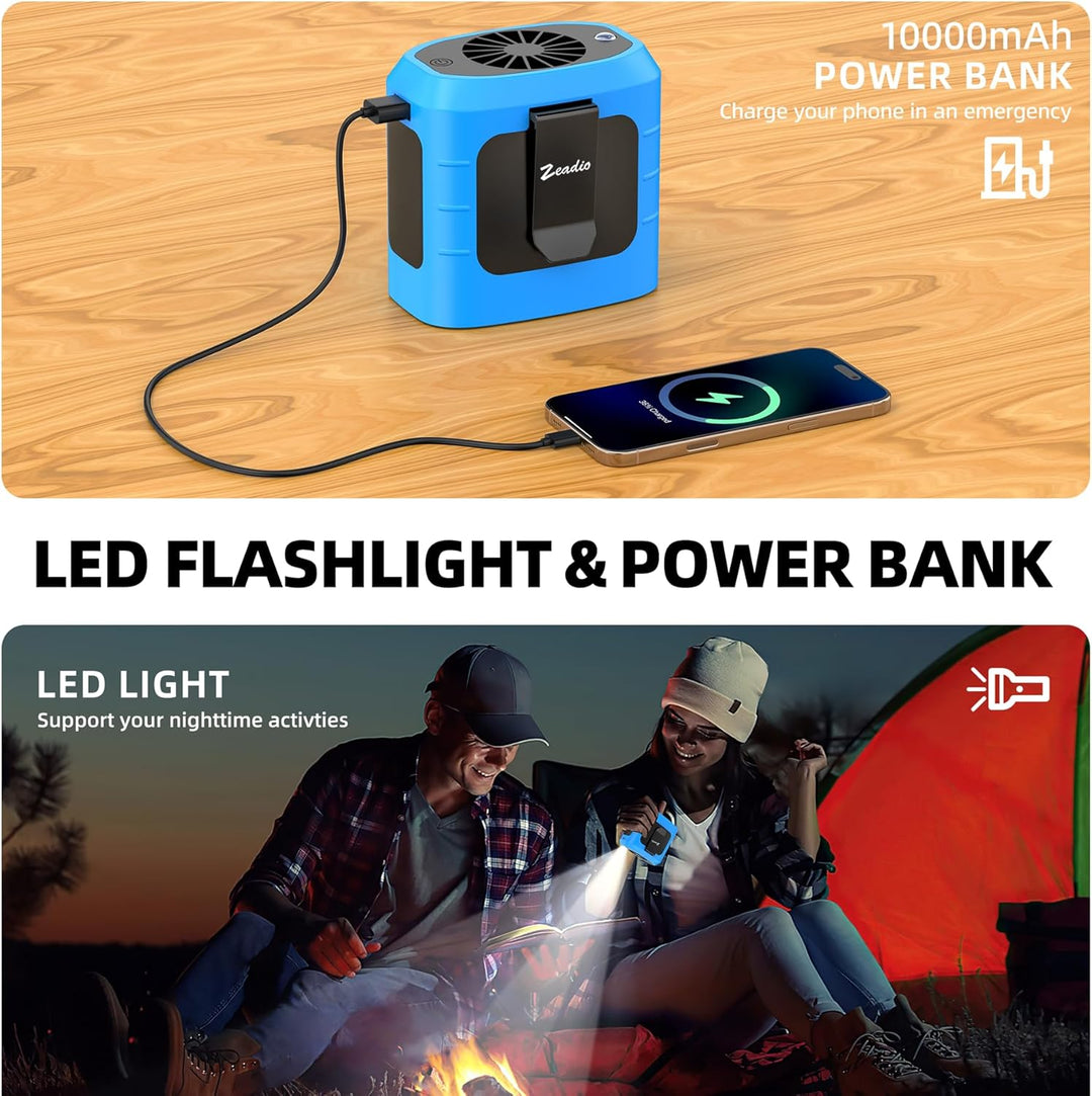 Zeadio Tragbarer Hüftclip-Ventilator, 10000mAh freihändiger Ventilator mit LED-Taschenlampe & Powerb