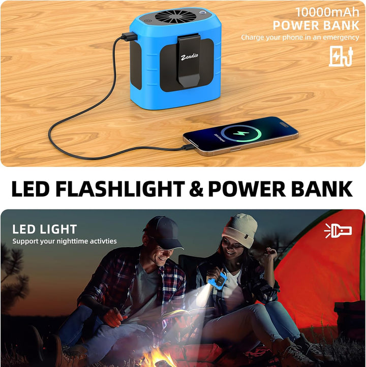 Zeadio Tragbarer Hüftclip-Ventilator, 10000mAh freihändiger Ventilator mit LED-Taschenlampe & Powerb