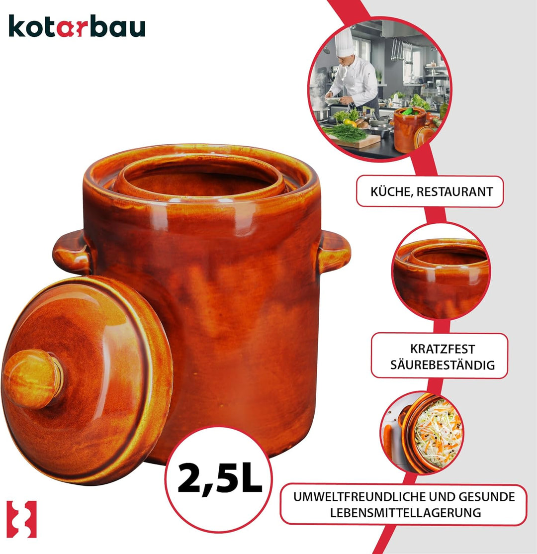 KOTARBAU® Gärtopf 2,5 L Braun Steinzeugtopf mit Hermetikdeckel Sauerkrauttopf Gurkentopf Einmachtopf