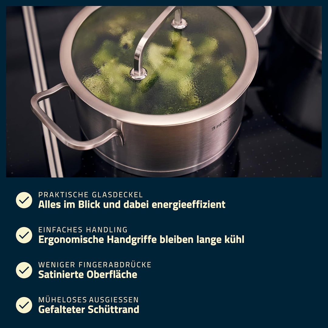 HENCKELS by ZWILLING Pulse Kochtopfset 5-tlg,Glasdeckel, 18/10 Edelstahl, für alle Herdarten inkl. I