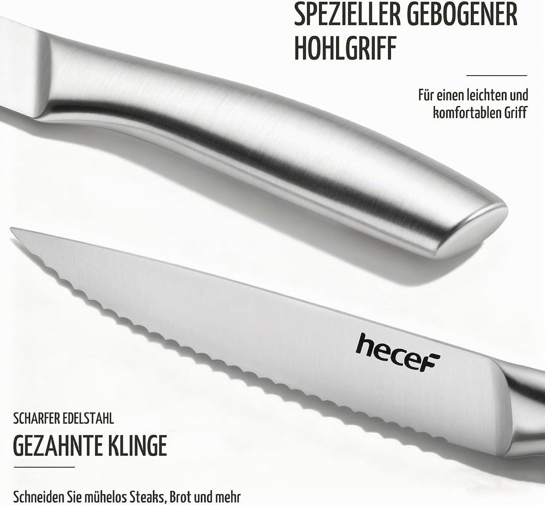 hecef Steakmesser Set 6-teilig, scharfe Tafelmesser mit Wellenschliff und ergonomischem Hohlgriff, k