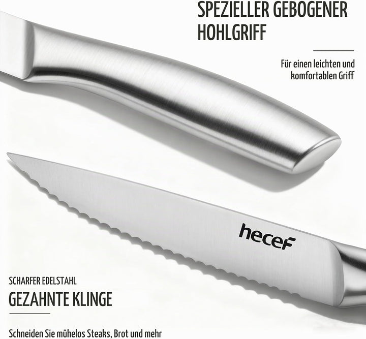 hecef Steakmesser Set 6-teilig, scharfe Tafelmesser mit Wellenschliff und ergonomischem Hohlgriff, k