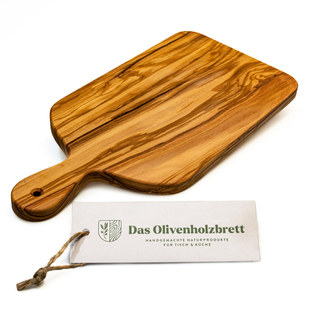 DAS OLIVENHOLZBRETT® rechteckiges Schneidebrett mit Griff/Kräuterbrett mit Griff/Zwiebelbrett mit Gr