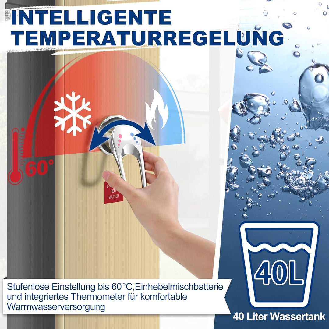 AufuN Solardusche Gartendusche 40L mit Chrom & Edelstahl, Warmwasser bis 60°C ohne Strom, 15cm Dusch