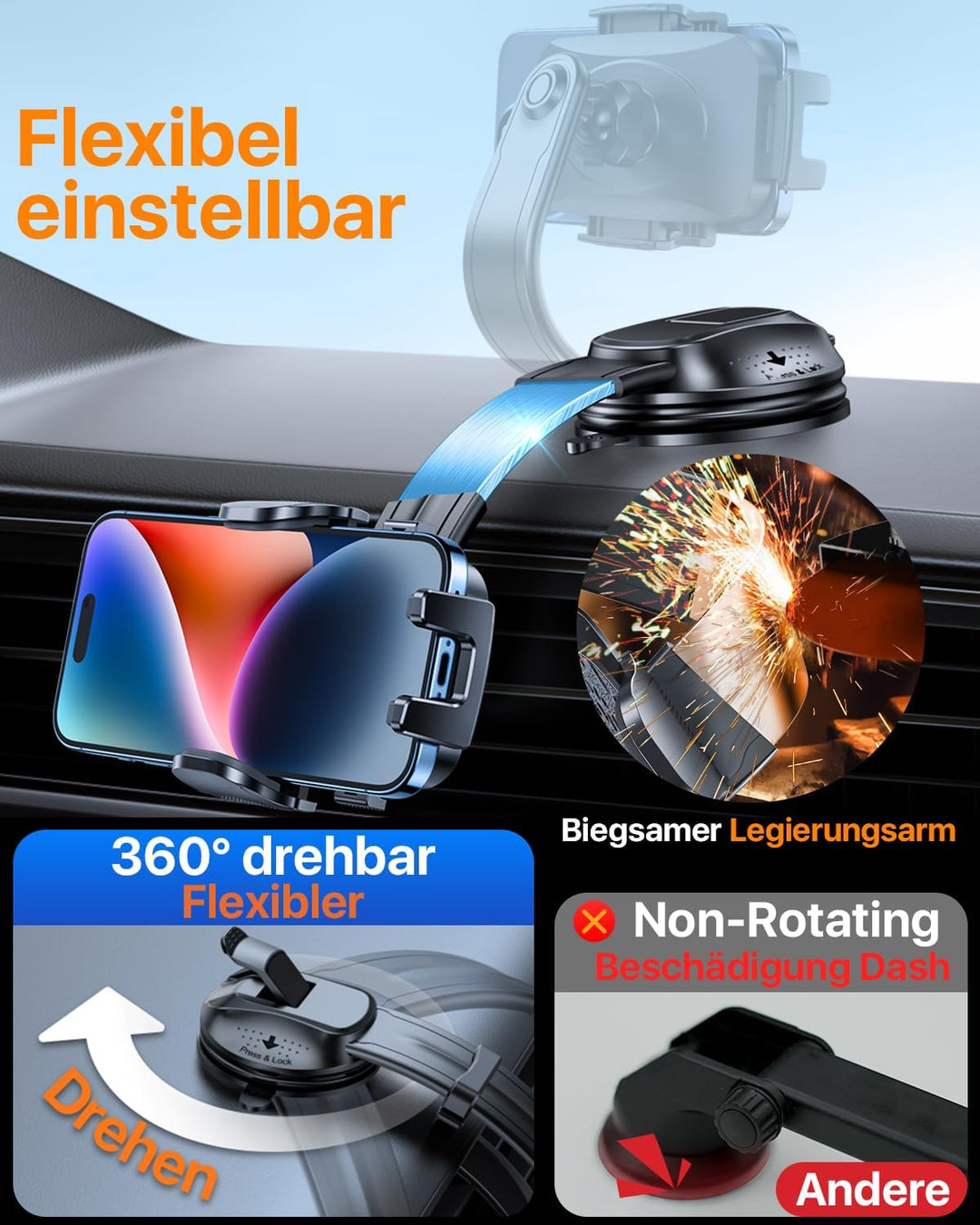 HTU【2026 Neuester Saugnapf & Lüftung Biegsamer Arm Handyhalterung Auto【True Militär-Klasse】 360° Dre