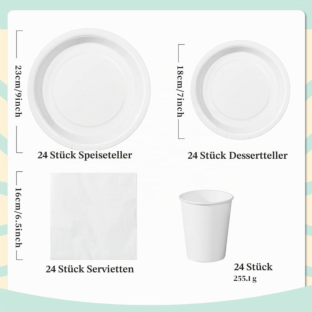 Nkaiso Weiss Partygeschirr, 96 Stück Bunt Pappteller, Party Pappteller Becher Servietten Partyteller