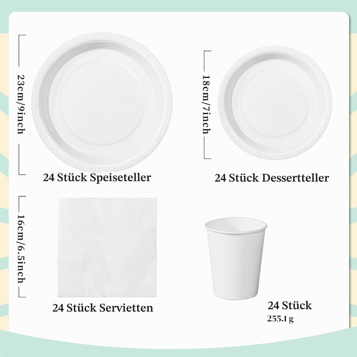 Nkaiso Weiss Partygeschirr, 96 Stück Bunt Pappteller, Party Pappteller Becher Servietten Partyteller