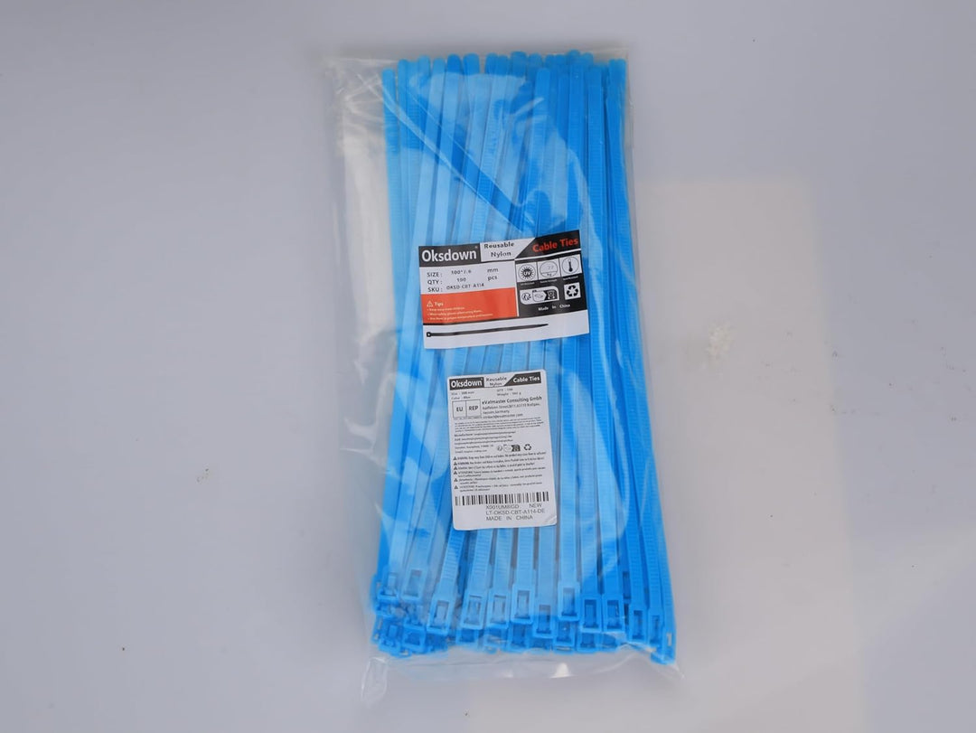 Oksdown Kabelbinder wiederverschliessbar Blau 300 mm × 7,6 mm 100 Stück UV-Beständig Stark Gross Nyl