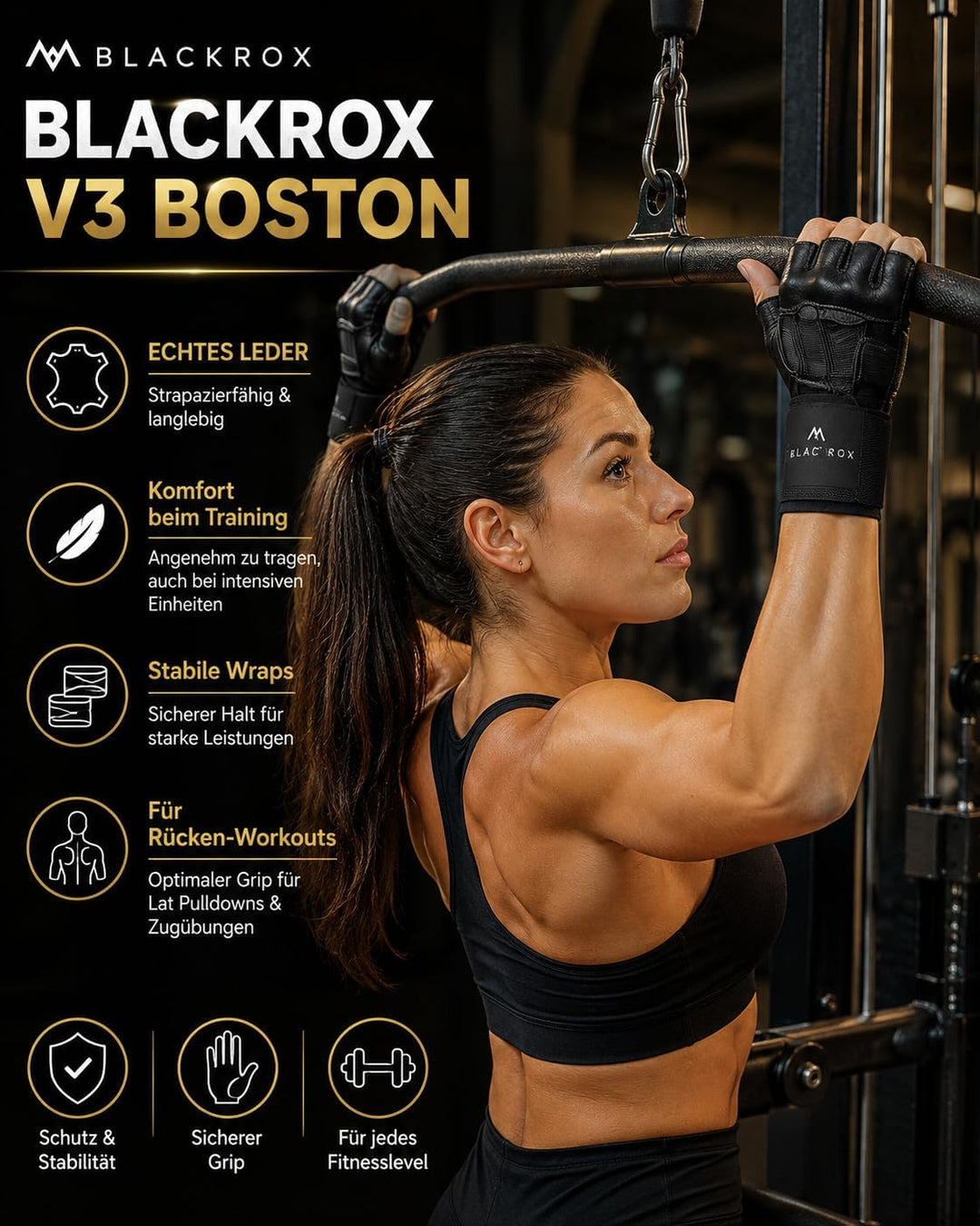 BLACKROX Fitnesshandschuhe echtes Leder Herren &amp; Damen V3 Boston Kraftsport Handgelenkschutz Trainin