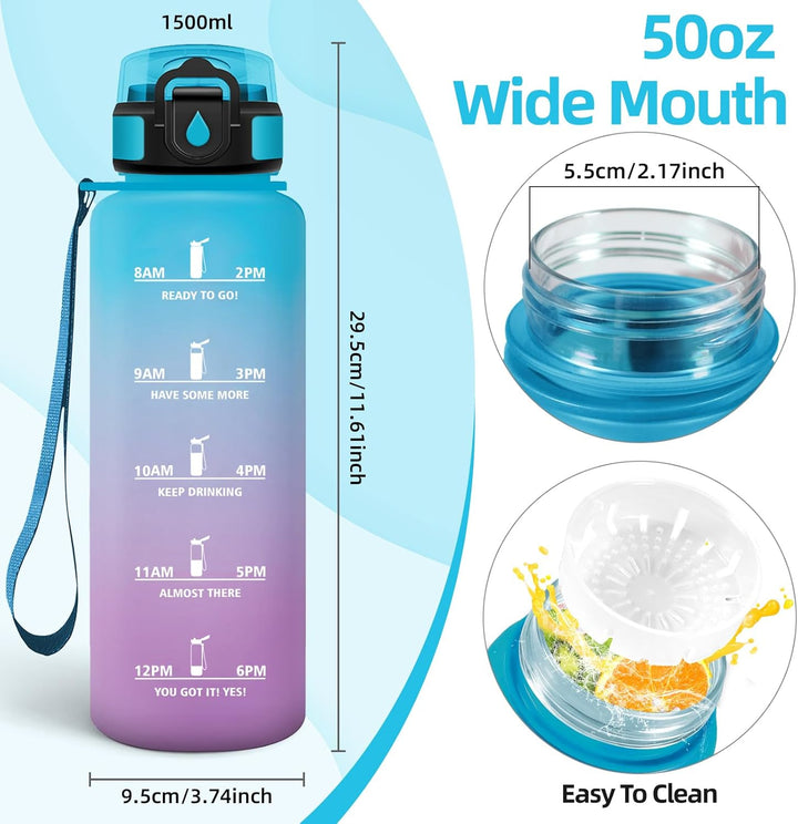 HoneyHolly Trinkflasche 1500ML, Sportflasche mit Filter, Wasserflasche, Auslaufsicher mit Zeitmarkie