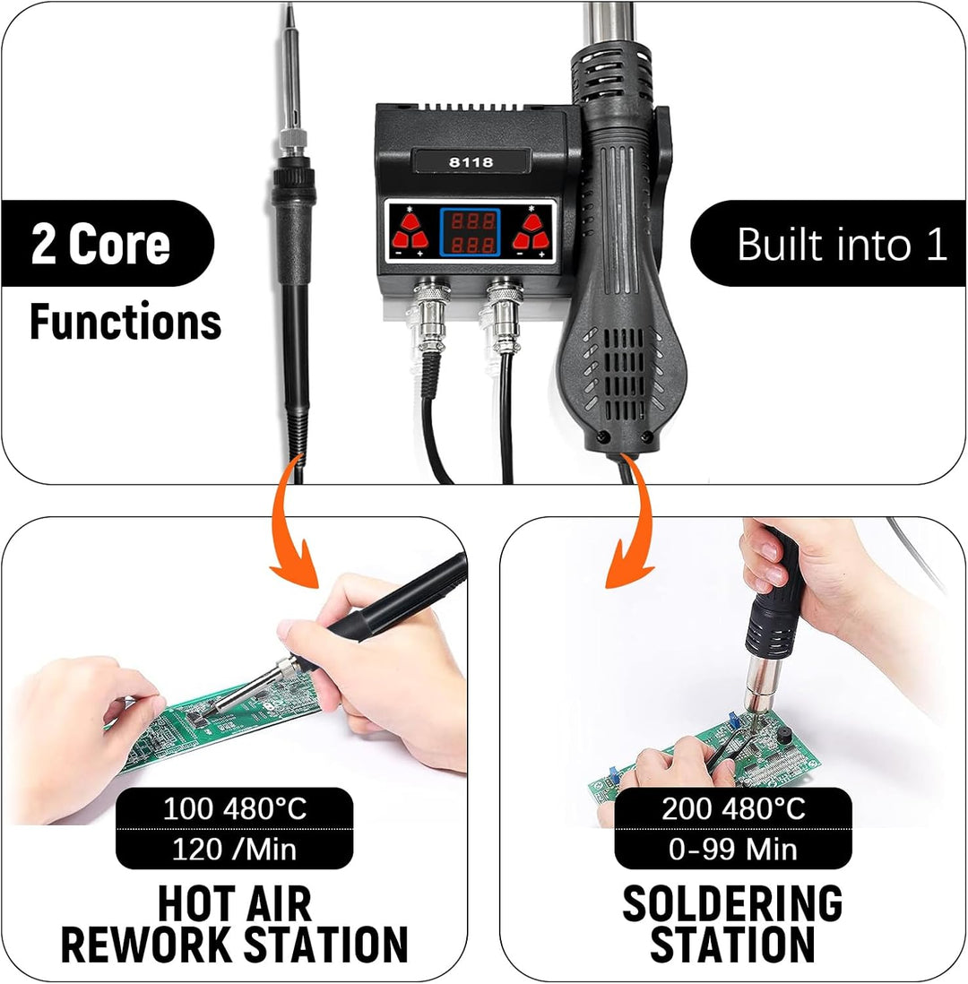 2 in 1 Heissluft Lötstation, 700W Lötstation mit 5 zusätzlichen Lötspitzen und 3 Heissluftdüsen, Hei