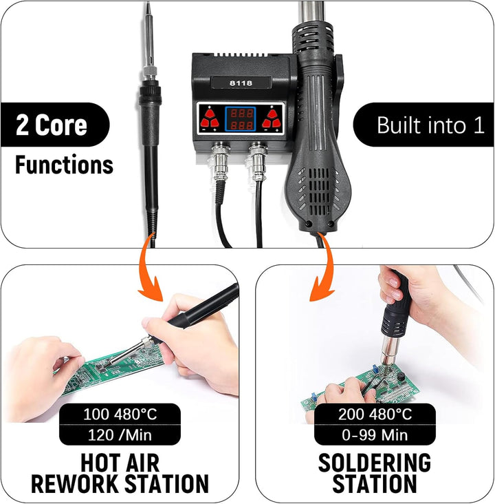 2 in 1 Heissluft Lötstation, 700W Lötstation mit 5 zusätzlichen Lötspitzen und 3 Heissluftdüsen, Hei