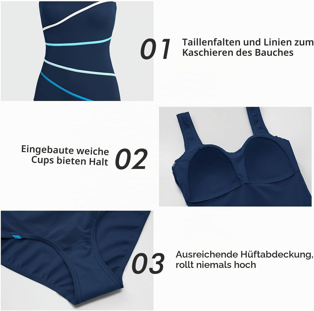 DELIMIRA Damen Badeanzug Grosse Grösse Bauchweg Einteiler Bademode Figurformend U Ausschnitt Gestrei