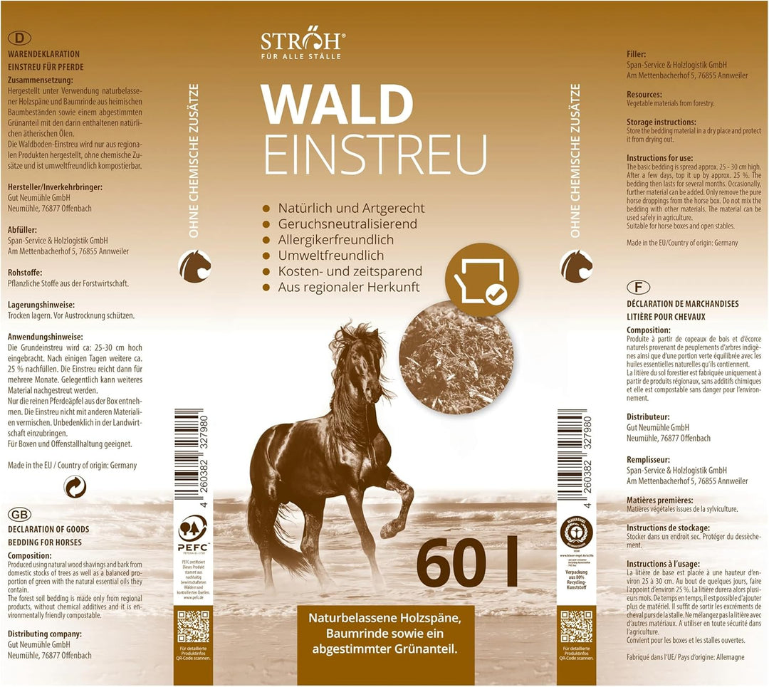 STRÖH Waldeinstreu - Naturbelassene Holzschnitzel - Stall Einstreu - 60L | Staubfrei &amp; geruchsneutra