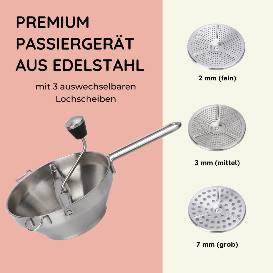 Wenburg Passiergerät - Passiermühle aus Edelstahl, inkl. 3 Siebeinlagen. Spülmaschinengeeignet. Pass