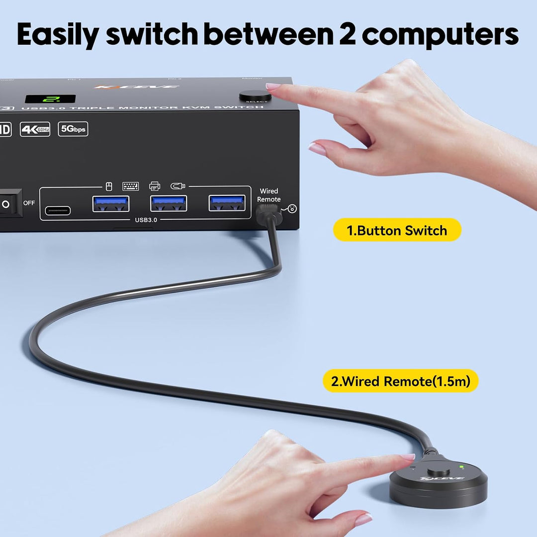 KVM Switch 2 PC 3 Monitore 4K@60Hz EDID Simulation, HDMI und Displayport KVM Switch Triple Monitor f