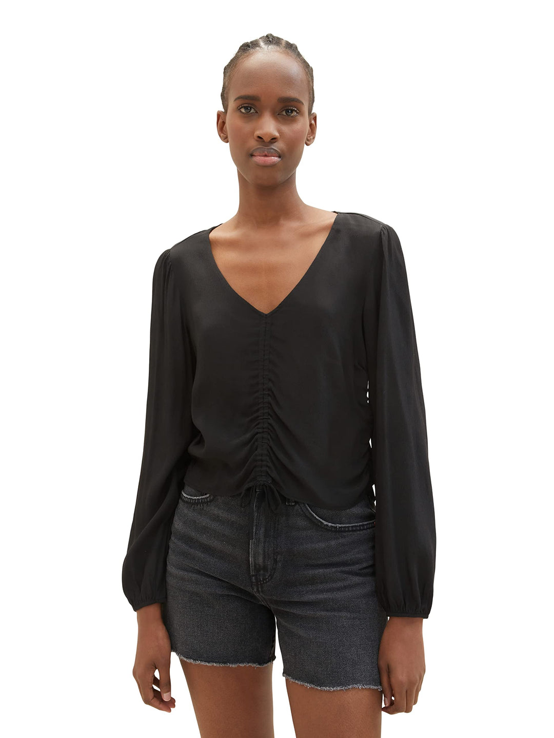 TOM TAILOR Denim Damen Cropped Bluse mit Raffdetail M 14482 - Deep Black, M 14482 - Deep Black