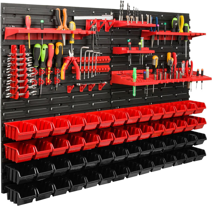 Lagersystem Werkstattregal | 115 x 78 cm | 56 stck. Box | Wandregal mit Werkzeughalterungen und Stap