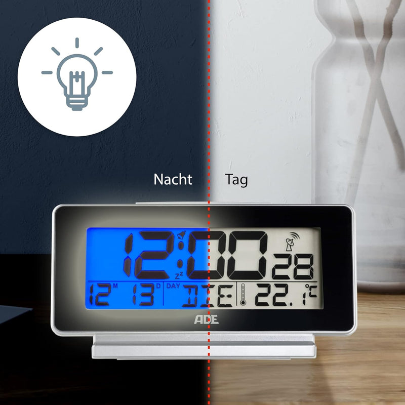 ADE Funkwecker digital mit Batterie | Tischuhr mit Temperaturanzeige, Beleuchtung, Schlummerfunktion