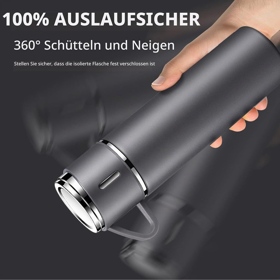 Thermosflasche 500ml mit Becher und Griff, Trinkflasche Edelstahl, Auslaufsichere Isolierflasche für
