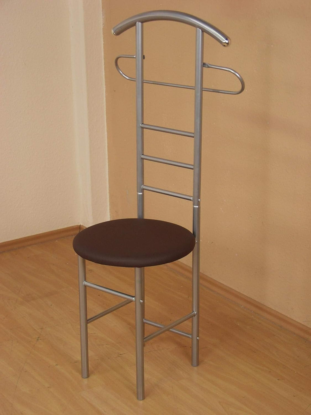 Herrendiener aus Stahlrohr mit rundem Sitz, 53x47x118 cm alu/braun, Alu/Braun
