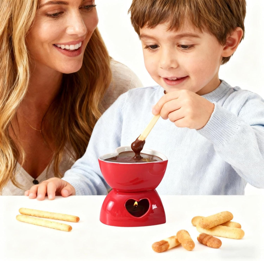 Keramischer Mini-Fondue-Becher Set - Mit Gabeln & Teelicht Für Schokolade & Dessert Rot, Rot