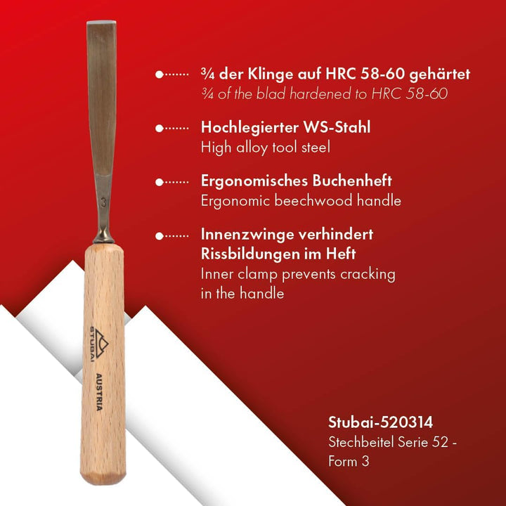 STUBAI Stemmeisen Stechbeitel Serie 52 - Form 3 | Gerades Flacheisen - 14 mm, mit Holzgriff, zum Vor
