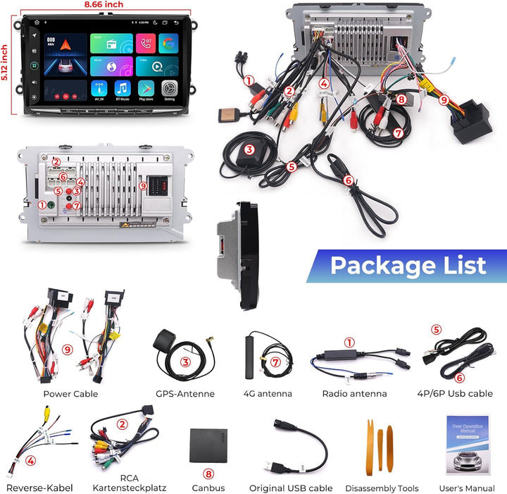 [Upgrade 6+128GB] Autoradio für VW Golf Passat Touran Seat Skoda, 9 Zoll Touchscreen Radio mit Wirel