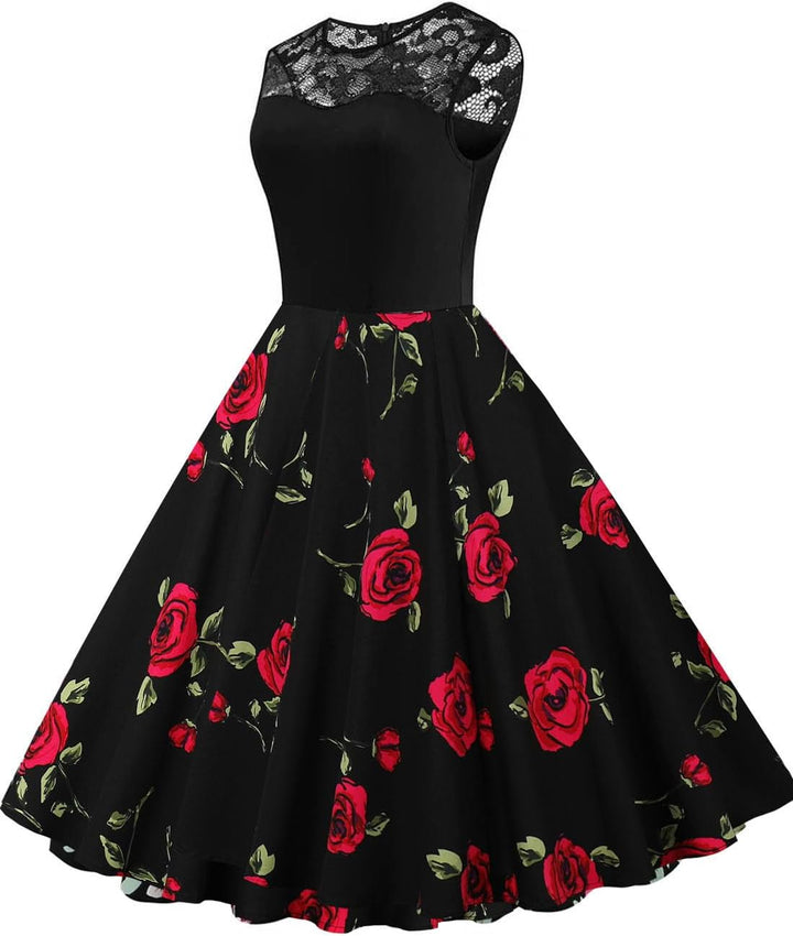 AXOE Damen Rockabilly Kleider 50er Jahre Vintage Blumenmuster S Farbe1b, S Farbe1b