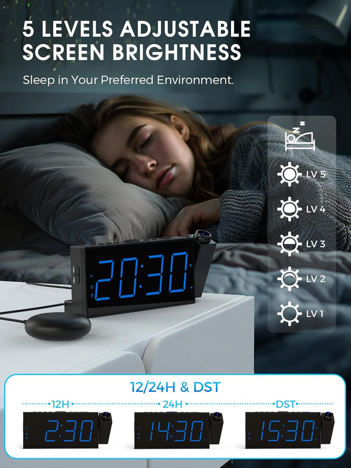 Mesqool Projektionswecker für Schlafzimmer, Lauter Vibrationswecker für Schwerschläfer, Hörgeschädig
